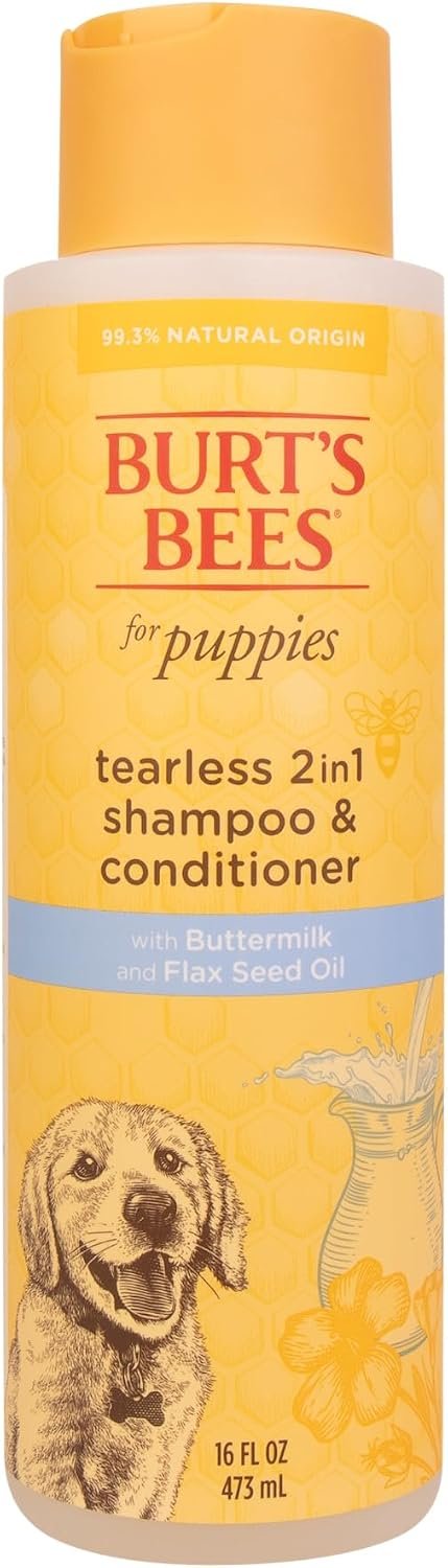 Burts Bees Tearless Puppy Shampoo & Conditioner with Buttermilk, 16 Fl Oz | Gentle 2-in-1 formula cleans and conditions sensitive puppy skin and coat, tearless for easy bath time
