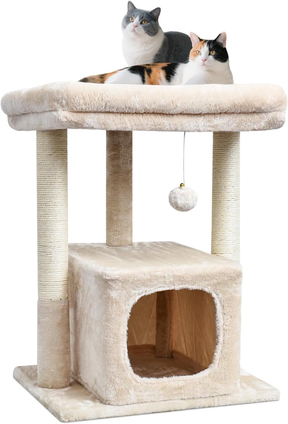 SYANDLVY 27″ Cat Tree for Indoor Cats, Activity Tower with Scratching Posts | Modern Kitten Condo with Plush Perch & Hanging Ball for Play, Beige