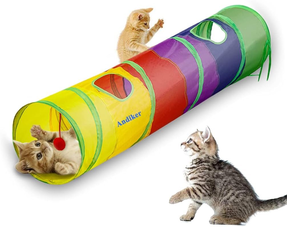 Andiker Cat Tunnel for Indoor Cats, 45″ Long Rainbow Collapsible Kitten Tube with a Fun Ball and 2 Holes Cat Play Tunnel, Rabbit Tunnel for Kittens Exercising Hiding Training and Running(Colorful)