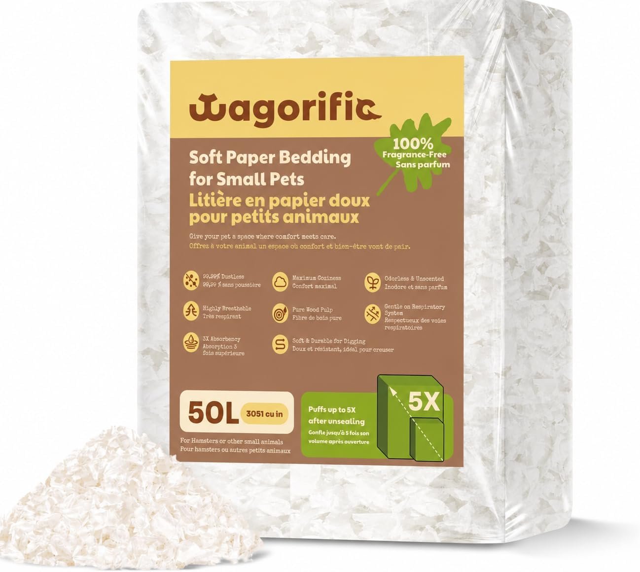 Hamster Bedding 50L, Dust-Free Odor Control Paper Bedding for Small Animals | 5X expansion; soft absorbent fibers; supports burrowing and nesting for guinea pigs, gerbils, rabbits