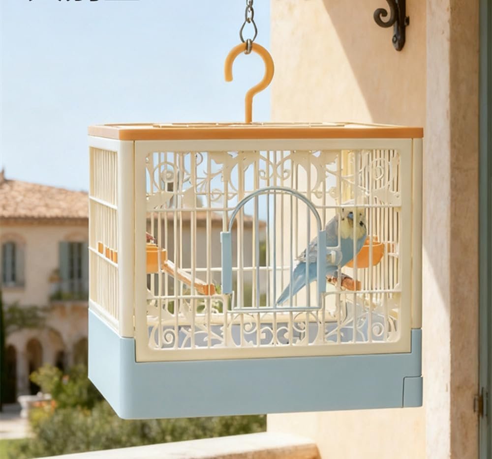 Portable Foldable Bird Cage – 360° Full View Bird Cage for Travel | with Hook/Food Bowl/Perch, Slide-Out Tray for Easy Cleaning,outdoor carrier (Includes Carrying Hook)
