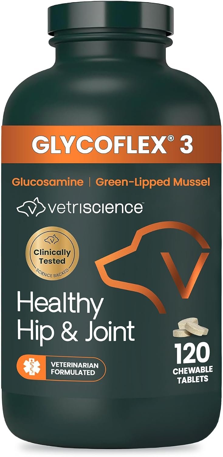VetriScience Glycoflex 3 Clinically Proven Hip and Joint Supplement for Dogs – Maximum Strength Dog Supplement with Glucosamine, MSM, Green Lipped Mussel & DMG – 120 Count