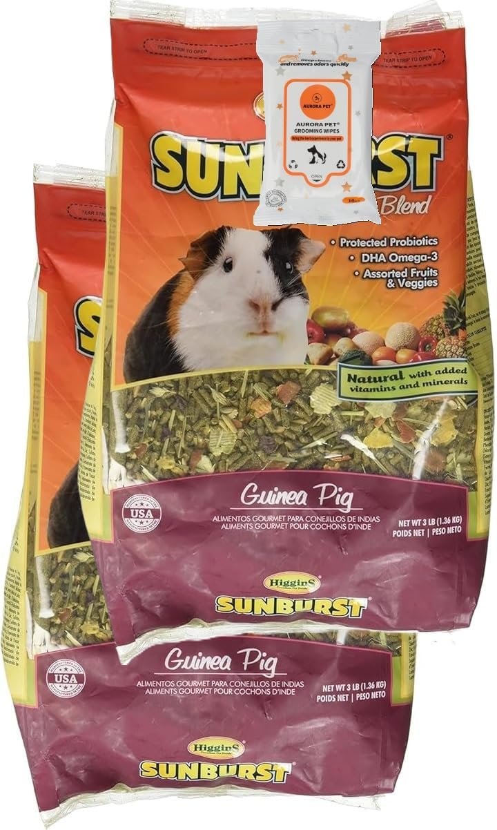 Higgins Sunburst Gourmet Guinea Pig Food, 3 lb Bags (2-Pack) with AuroraPet Wipes