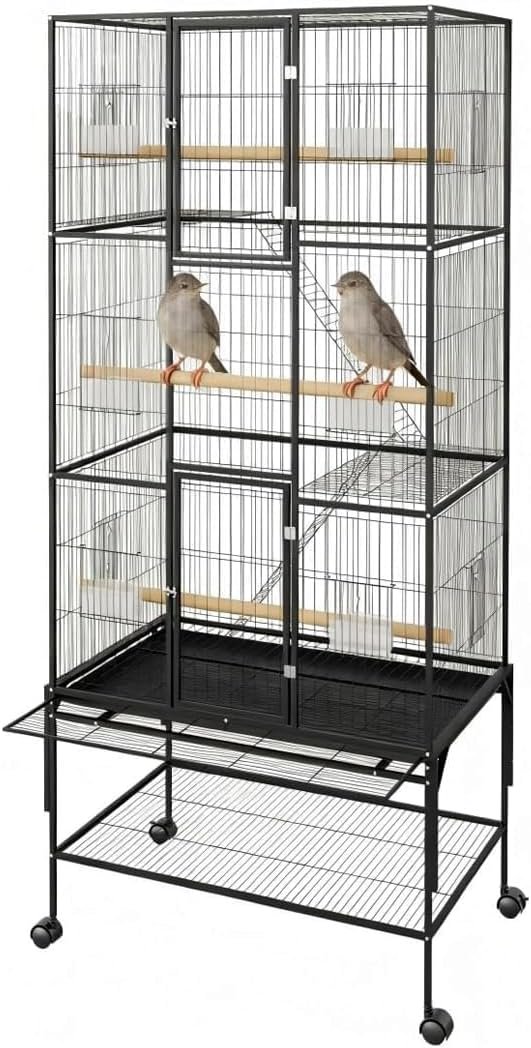 69 Inch Tall Parrot Cages for Large Birds, Three-Level Rolling Parakeet Cage with Storage Shelf Perches Feed Bowls, Bird Flight Cage, Large Bird Cages for Parrots Macaws Conures Cockatiels Parakeets