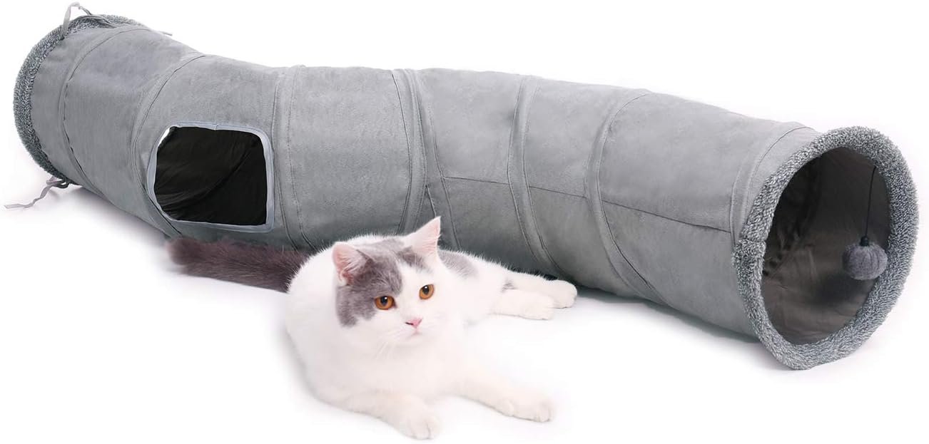 PAWZ Road Cat Tunnel S Shape Cat Tunnels for Large & Indoor Cats 51”Long | Durable, Spacious 10.5″ Cat Tube with Peepholes & Dangling Ball Toy, Connected to Play Tunnels, Collapsible for easy storage