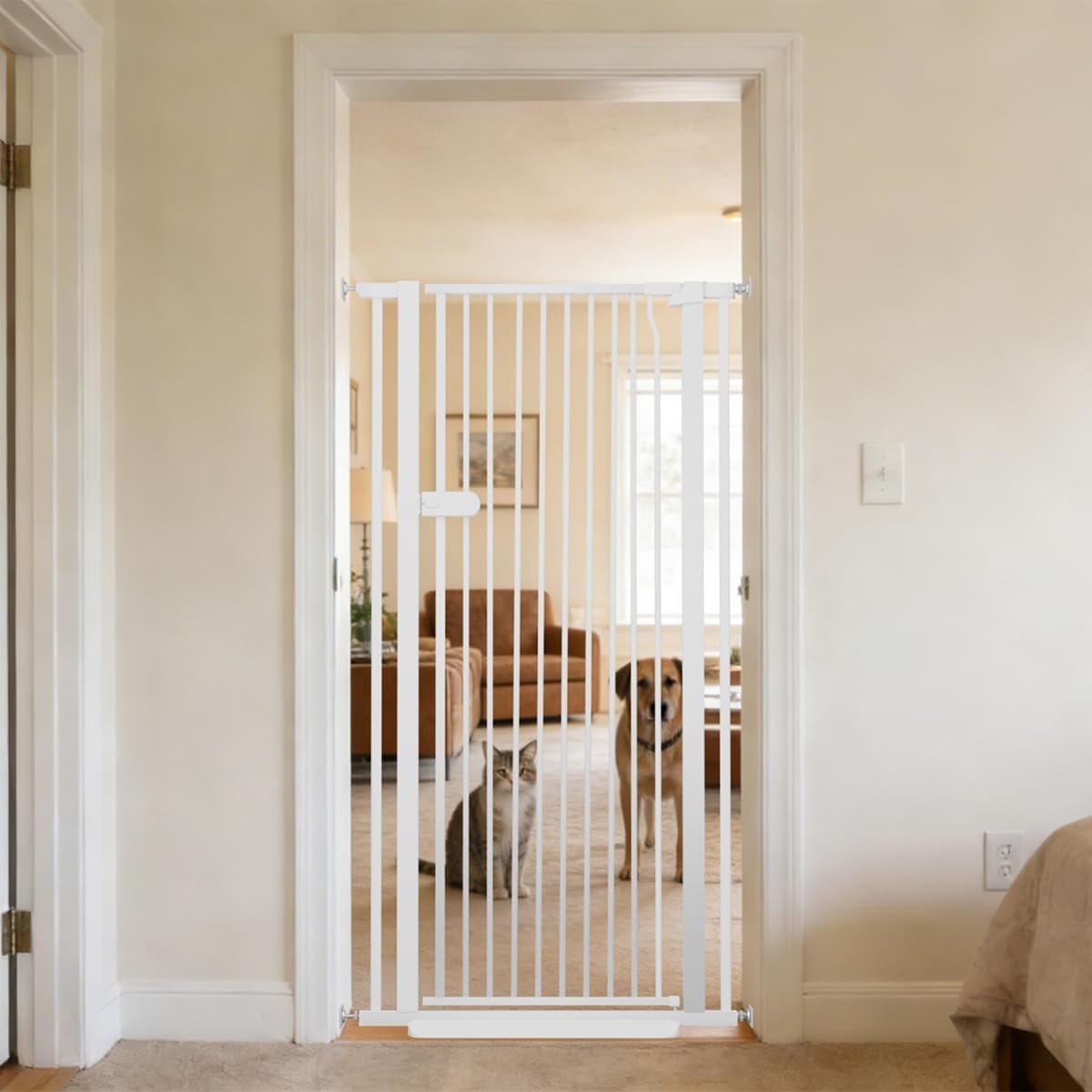 Lumizone Extra Tall Cat Gate 55.12″ High 29.92″-34.24″ Wide Pet Gate White | Dog Gate for Doorway Hallway Stairs Pressure Mounted Extra Wide 1.37″ Gap No Drilling Auto-Close One-Handed Operation