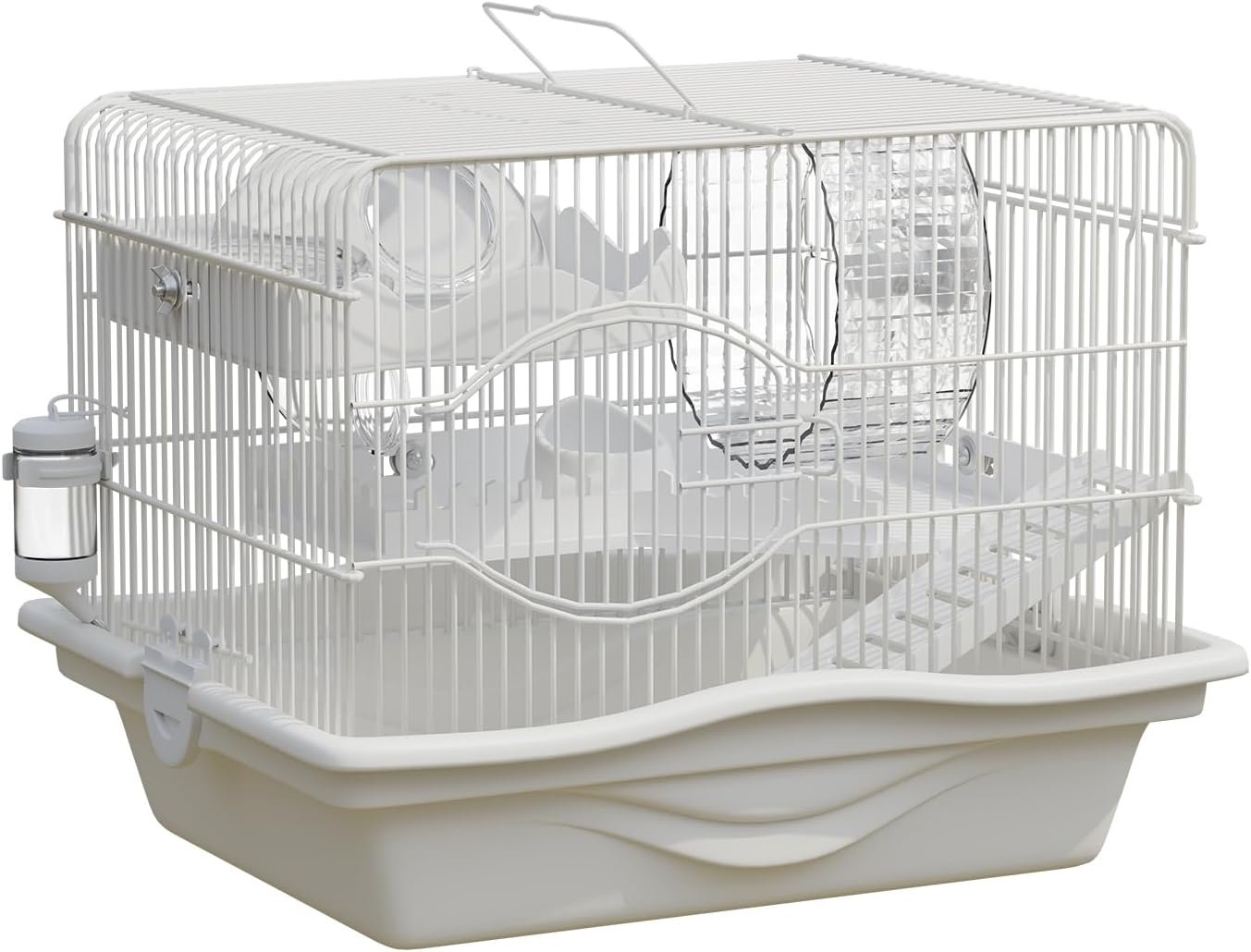Mini Hamster Cage Starter Kit 15x11x12in for Dwarf Hamsters & Robo Hamsters | Multilevel with Silent Wheel Ø6″, Transparent Hideout Ø6″, 2 Platforms, Ladders, Water Bottle, Food Bowl, Handle