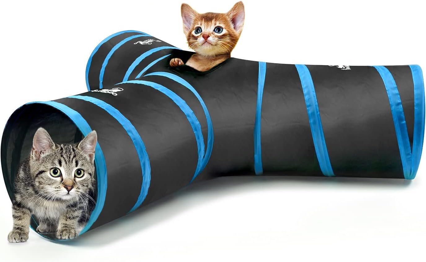Pawaboo Cat Tunnel Tube 3-Way Tunnels, Blue, 25x53cm | Extensible Collapsible, Cat Play Tent Interactive Toy Maze, Cat House Bed, With Balls and Bells