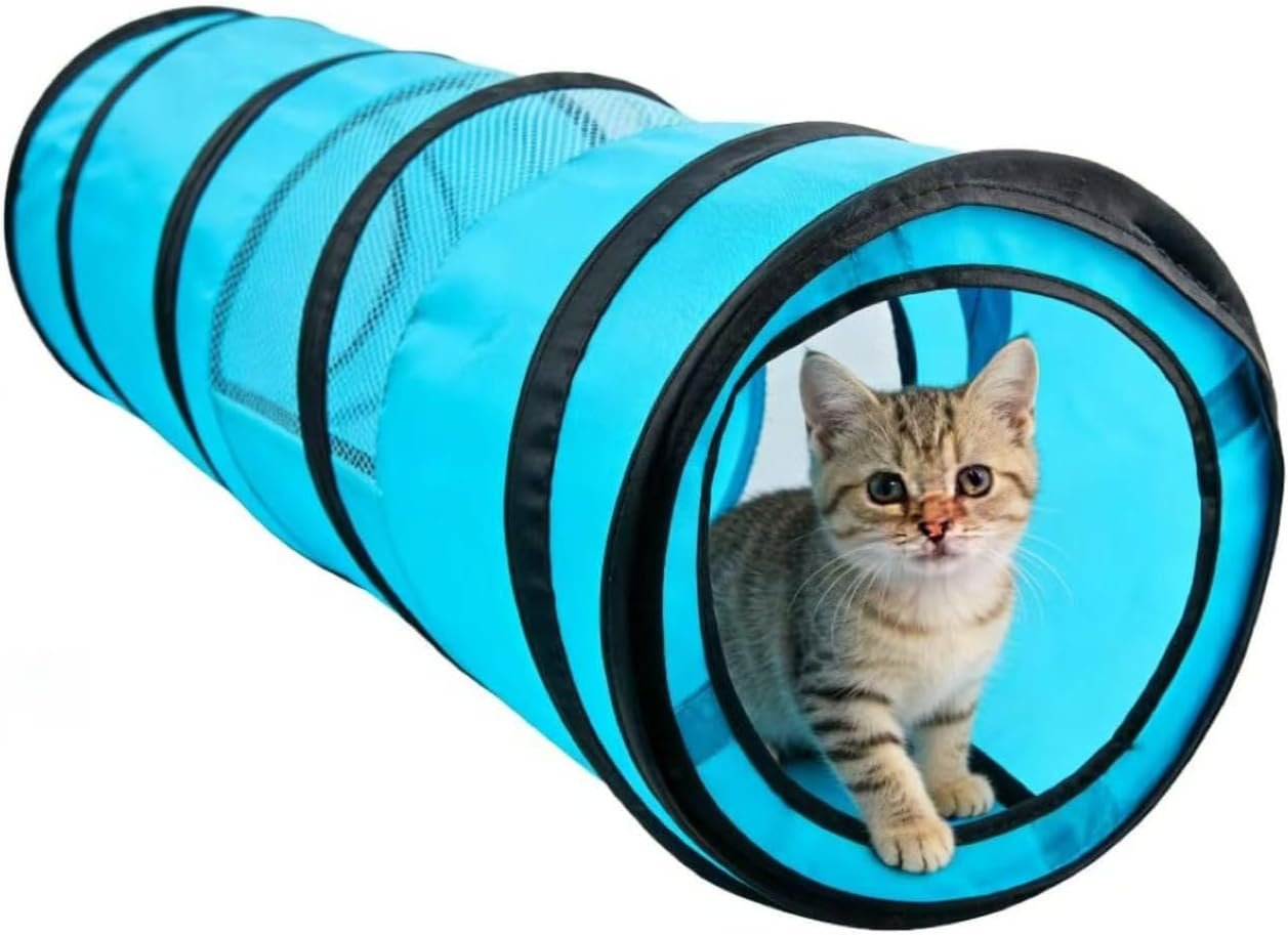 PAWISE Cat Tunnel for Indoor Cats, Collapsible Pet Tube with Peek Hole | Peek hole, tear-proof polyester, 10.5×34.5in, for cats rabbits, blue