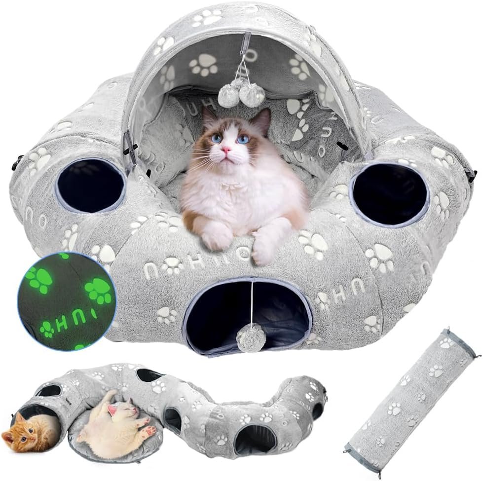 Cat Tunnel Bed, Cat Tunnels for Indoor Cats, Cat Donut Tunnel Toy with Washable Circle Cushion, Straight Shaped Tunnel, 4 Fluffy Balls, Blackout Tent, Self-Luminous Cat Toys（Grey）