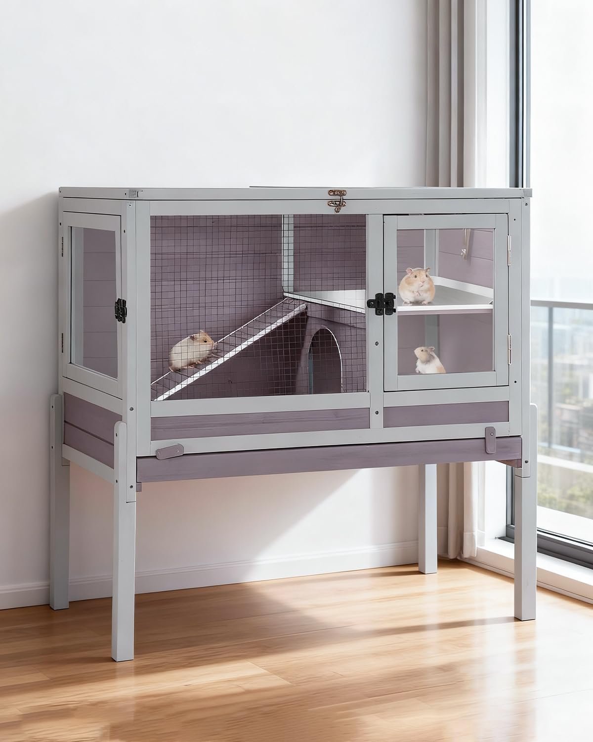 Wooden Guinea Pig Cages Indoor with Plastic Floor and Pull Out Tray, Two-Story Rabbit Cage with Anti-Chewing Ramp, Bunny Hutch with Detachable Stand, Small Animals Cage Habitat (Grey)