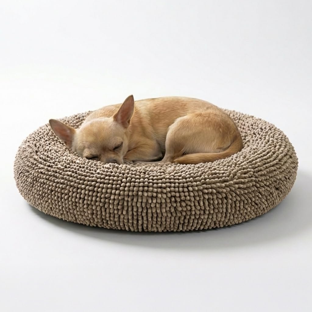 Muddy Mat® Cloud K-9 Bed for Dogs & Cats, Soft & Relaxing Donut Dog Bed, Chenille Material, Removable Cover, Washable & Dryer Safe–Beige Small(25’x25′)