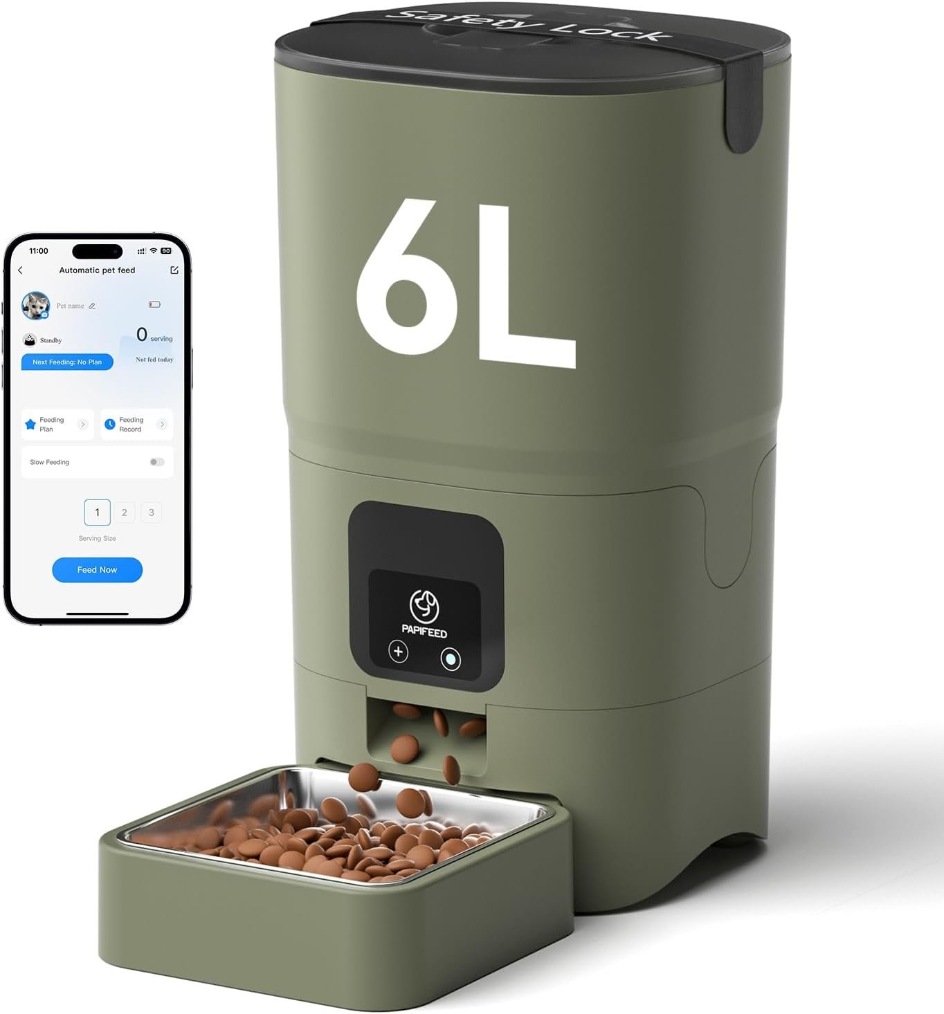 PAPIFEED Automatic Cat Feeder with App, 2.4G WiFi Cat Food Dispenser, 6L Timed Cat Feeders for Dry Food, 10 Meals/Day, 12 Portions/Meal, Dual Power Supply Smart Pet Feeder for Small Dog, Army Green