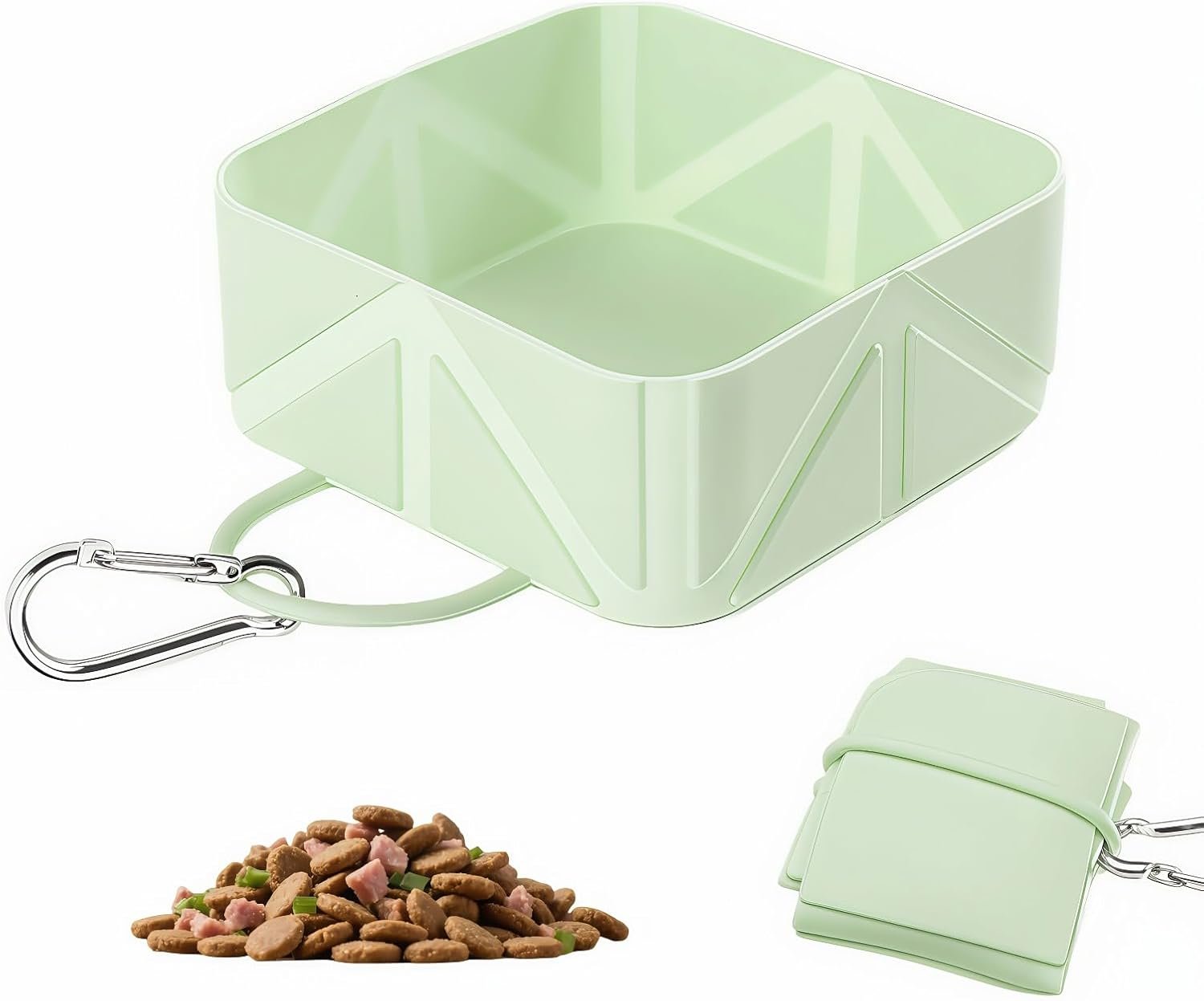 Cute Collapsible Silicone Dog Bowl with Carabiner – Portable Travel Pet Food & Water Dish for Walking, Hiking, Camping – Folds to Key Size, 350ml (Mint Green)