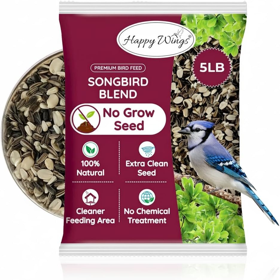 Happy Wings 5LB Songbird Blend Bird Food, Sunflower, Safflower, Peanuts | No Grow Seeds, High in Oil & Protein, High Energy Content, Heat Treated at Optimum Temperature, USDA & BRC-GS Approved