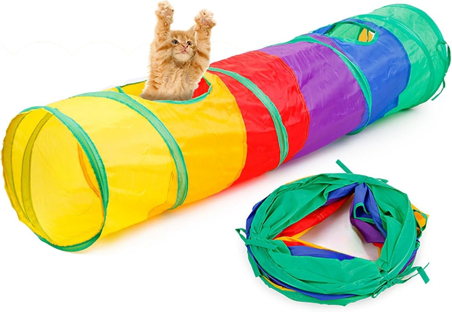 iCAGY Cat Tunnel for Indoor Cats Kittens Rabbits, Foldable Tunnel Toys | Interactive Pet Crinkle Pop Up Tunnel Play Toys, Relieve Cat Boredom, Rainbow 45″