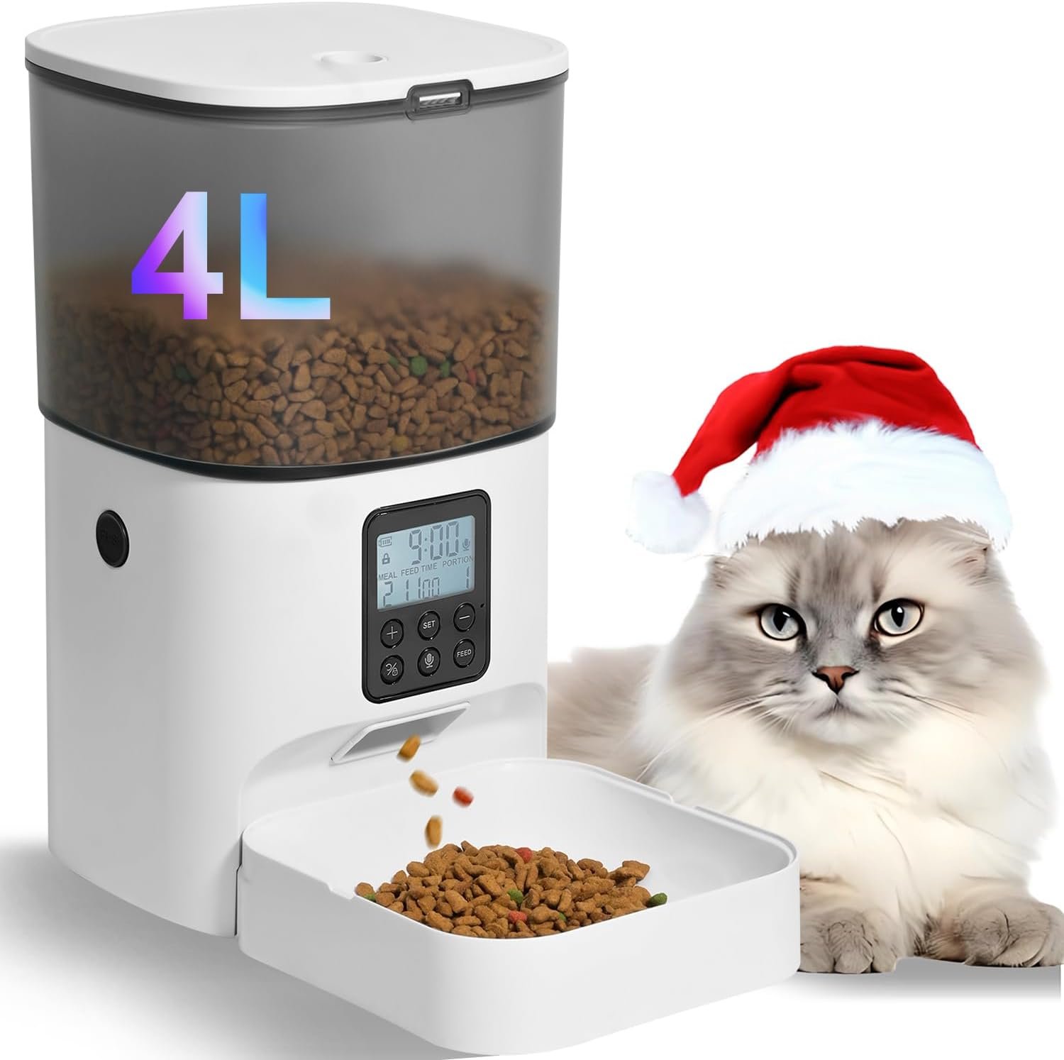 Automatic Cat Feeder, 4L Cat Food Dispenser with 10s Voice Recorder, Pet Feeder up to 8 Meals per Day, Timed Dog Feeder with Dry Food Sealed Ring