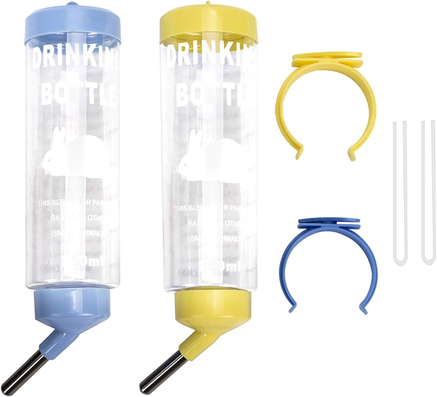 Depets 2PCS 8.45 oz No Drip Small Animal Water Bottle, Cage Water Bottles | Plastic, for Small Pet/Guinea Pig/Hamster/Bunny/Ferret/Rabbit, Hanging Wire & Buckle Included, Easy to Install, Yellow & Blue