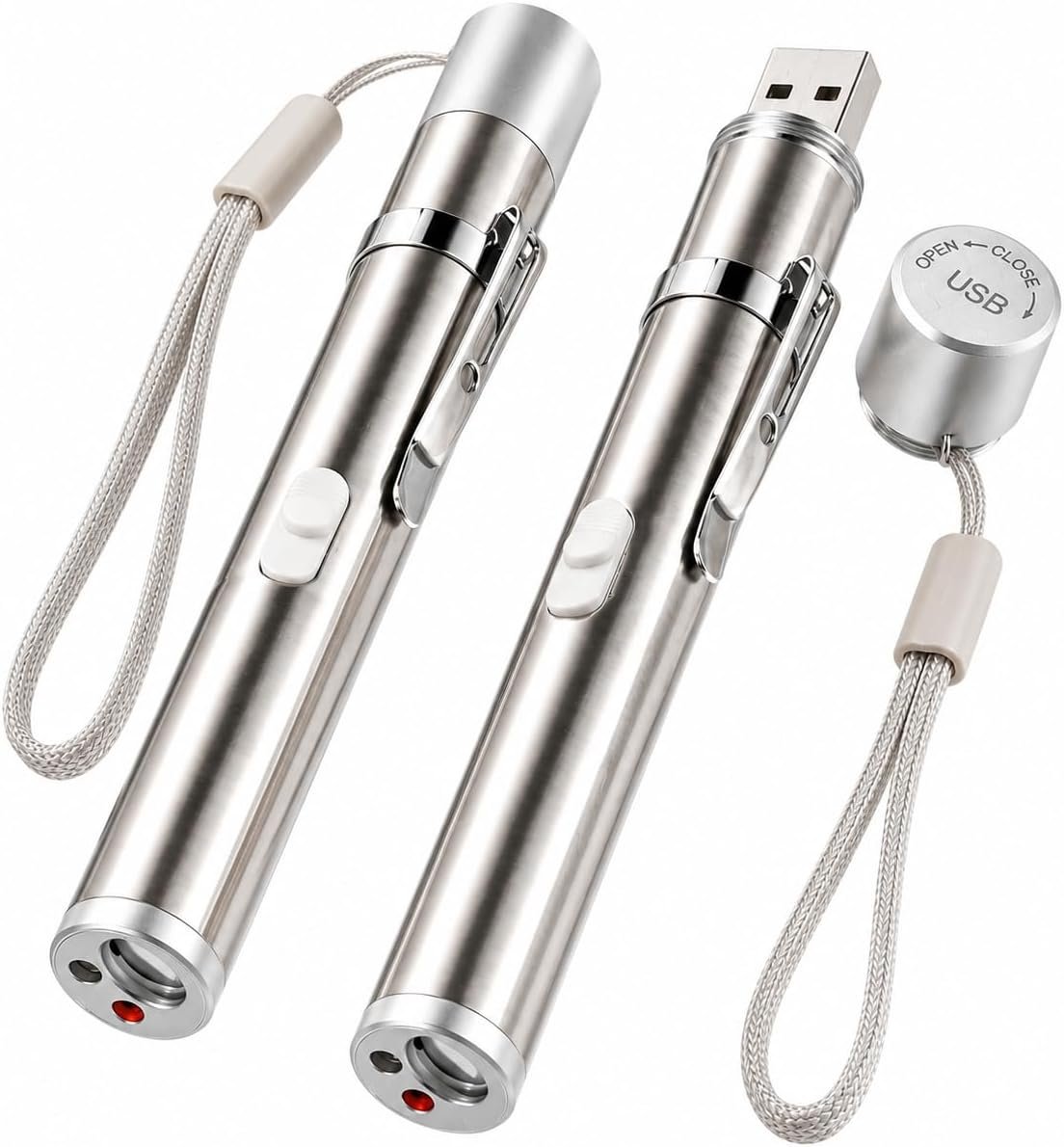 USB Rechargeable Cat Toy Pen, 2-Pack Interactive Toy for Indoor Cats | Direct USB Charging, 3 Light Modes, Aluminum Body, Pocket Clip, Wrist Strap, Indoor Play