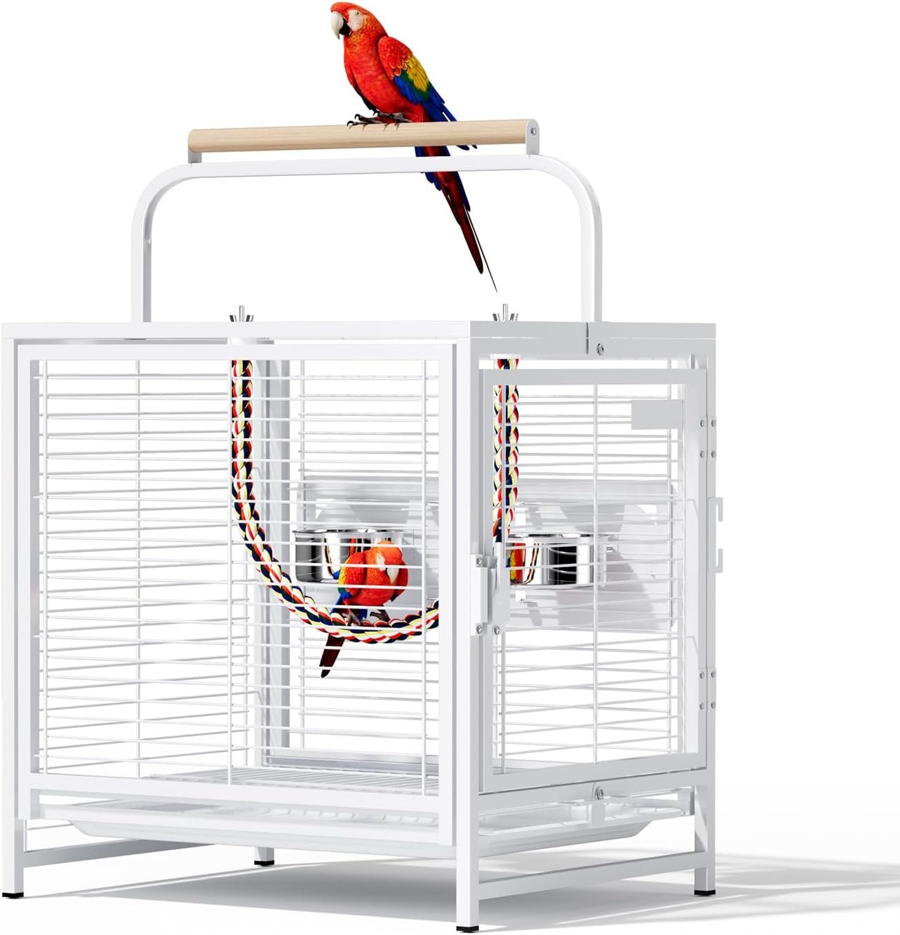 VINGLI Small Bird Cage, 19 inch Travel Carrier Bird Cage with Handle, Wrought Iron Parakeet Cage with Wooden Perch for Parrot Lovebirds Finches Small/Medium Birds (White)