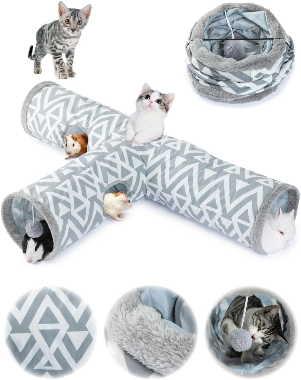 JanYoo Plush Rabbit Hideout Bunny Tunnel and Tube 3 Ways Guinea Pig Tunnel | 47” Collapsible Cat Toys with Interactive Ball for Indoor Kittens Rabbits Ferret Guinea Pigs Pet Accessories