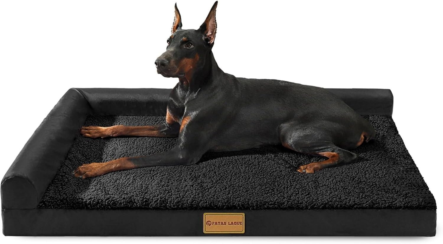 Patas Lague Orthopedic Large Dog Bed Washable Pet Sofa Bed 36”X24” Black | 2-Sided Bolster Egg-Crate Foam Dog Couch Large Sized Dogs, Waterproof Removable Washable Cover, Nonskid Bottom Pet Crate Mat