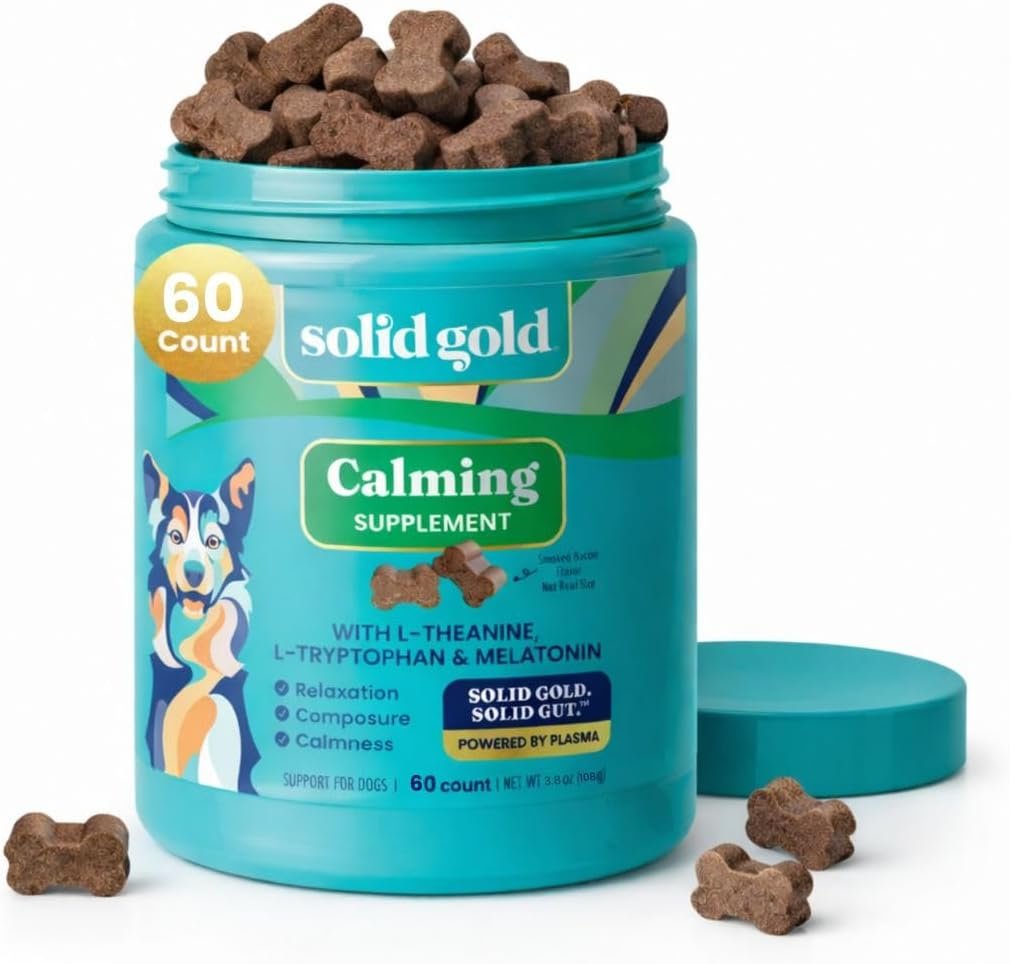 Solid Gold Calming Chews for Dogs – Dog Calming Chews W/Melatonin for Separation, Stress & Hyperactivity Relief – Supports Relaxation for Travel, Fireworks & Storms – All Ages & Sizes – Bacon – 60ct