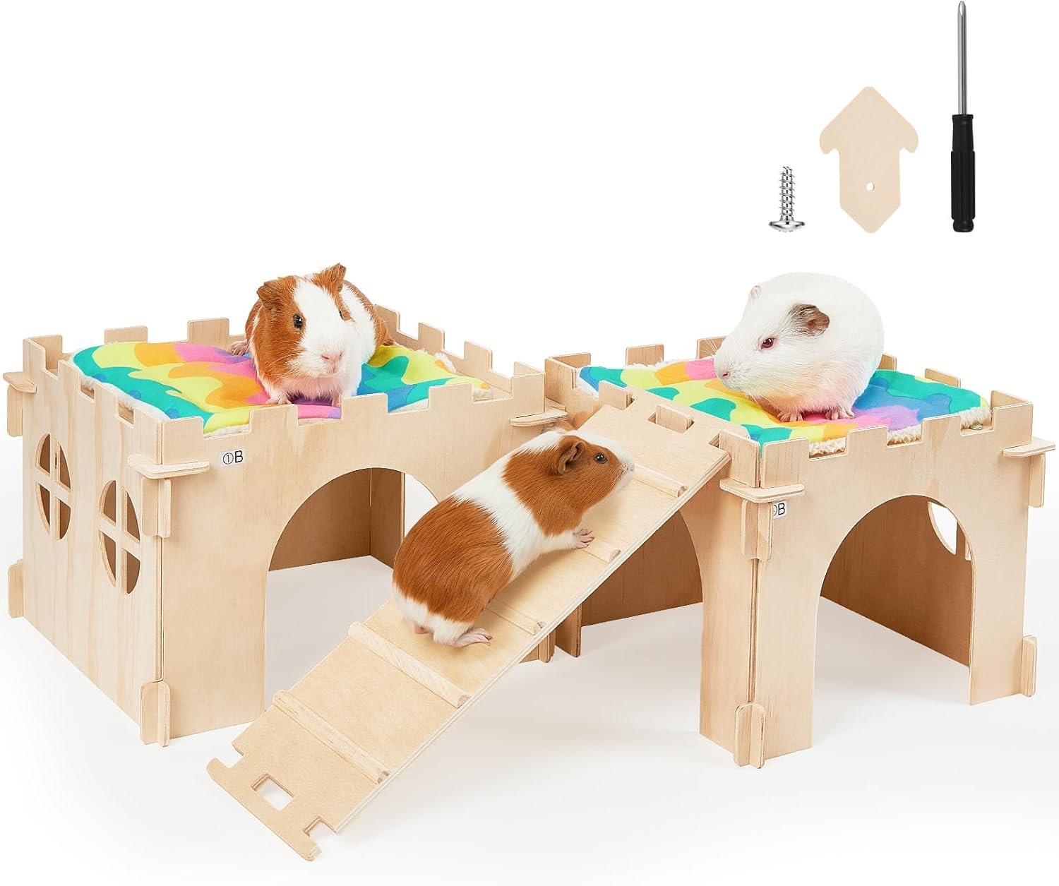 Unicorn Catcher 2 Pack Wooden Guinea Pig Hideout House with Stairs & Mats | Wooden Bunny Castle Hideout With Stairs And Soft Mats Perfect For Ferrets Chinchillas And Small Animals In Cages
