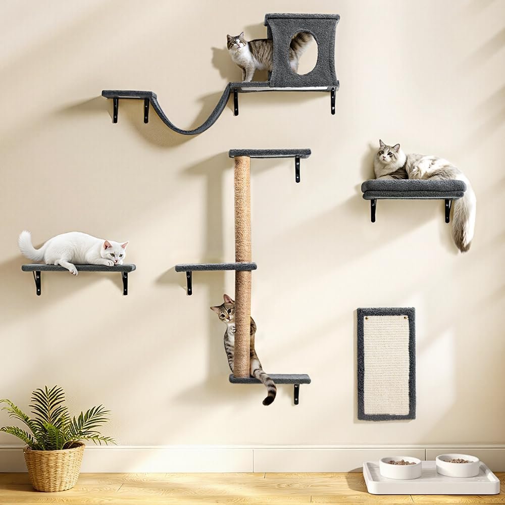 Cat Wall Shelves, 5-in-1 Cat Furniture Set, Wooden Cat Climber with Perches, Condo House, Bed, Scratching Post & Board for 16inch Drywall and Solid Wall