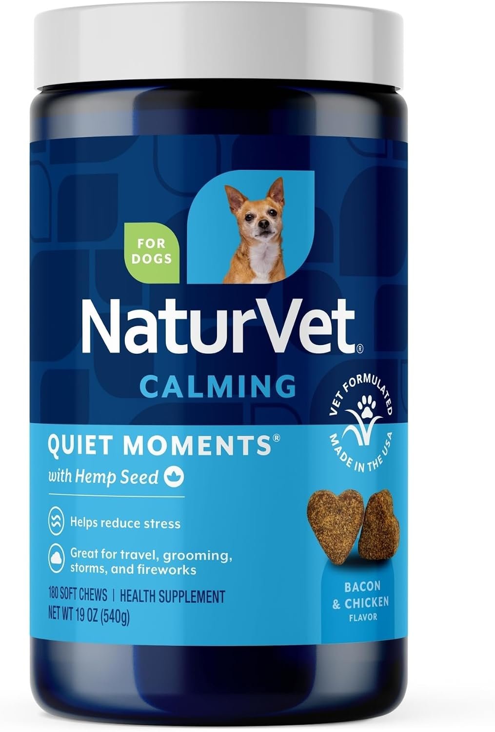 NaturVet Quiet Moments Calming Plus Hemp Dog Supplement – 180 Soft Chews | Calming Aid for Dogs – Promotes Relaxation, Reduce Stress, Storm Anxiety & Motion Sickness