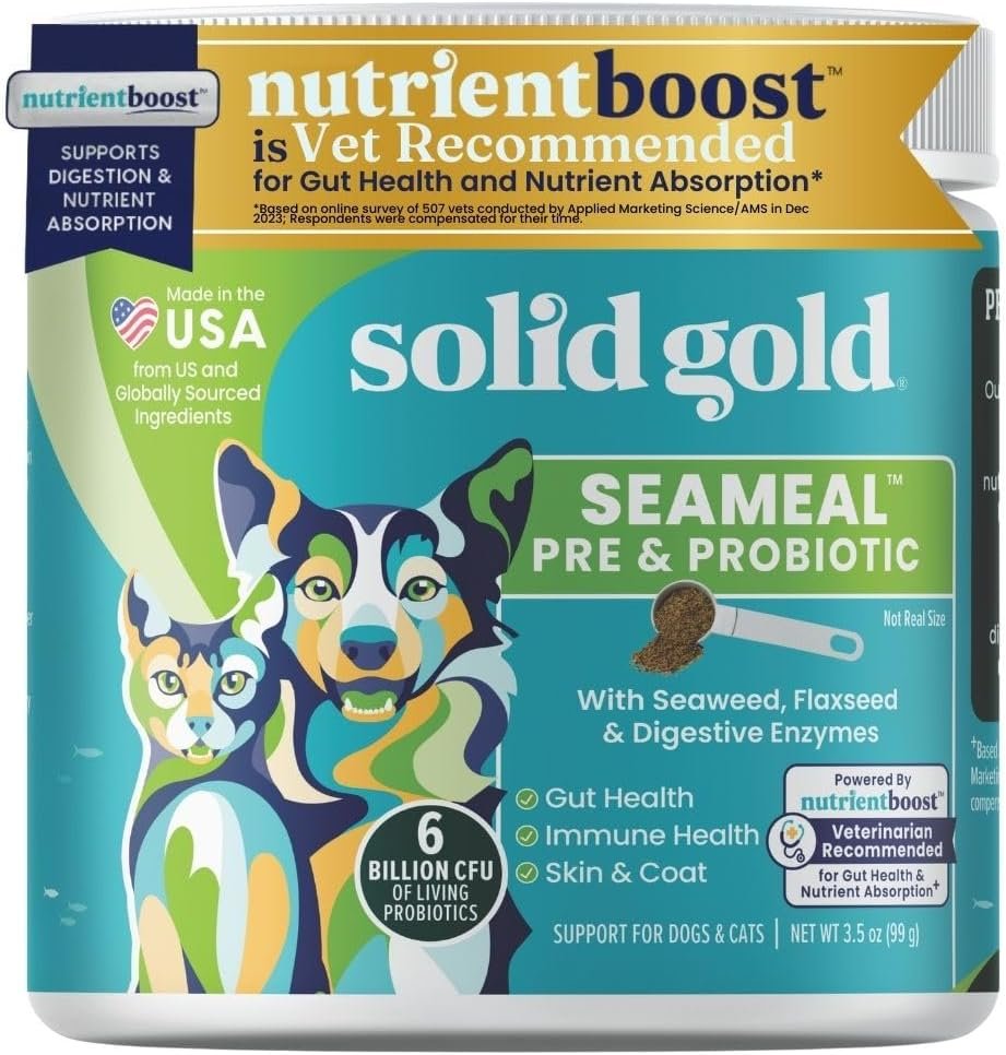 Solid Gold SeaMeal Cat Probiotic & Dog Probiotics for Digestive Health – Kelp Powder Dog & Cat Multivitamin Supplement w/Prebiotics & Digestive Enzymes for Skin, Coat, & Gut + Immune Support – 3.5oz