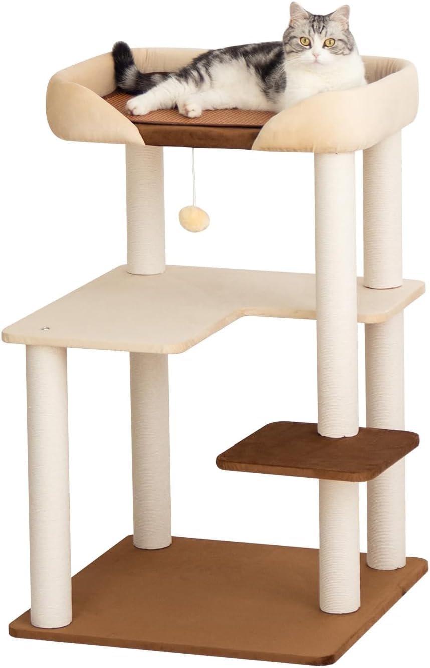 Cat Tree for Large Cats Modern Senior Friendly Wide Shelves 37.4” | Wide shelves, cotton scratching posts, super sturdy base, cozy perch, interactive toys, luxury fabric