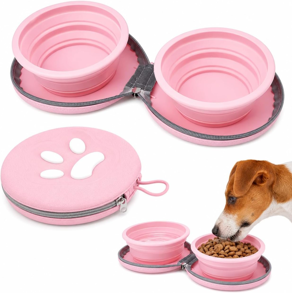 Collapsible Dog Bowls, Silicone Travel Bowls for Pets, Portable Travel Bowls for Dogs, Collapsible Water Bowls, 450ML (Pink)