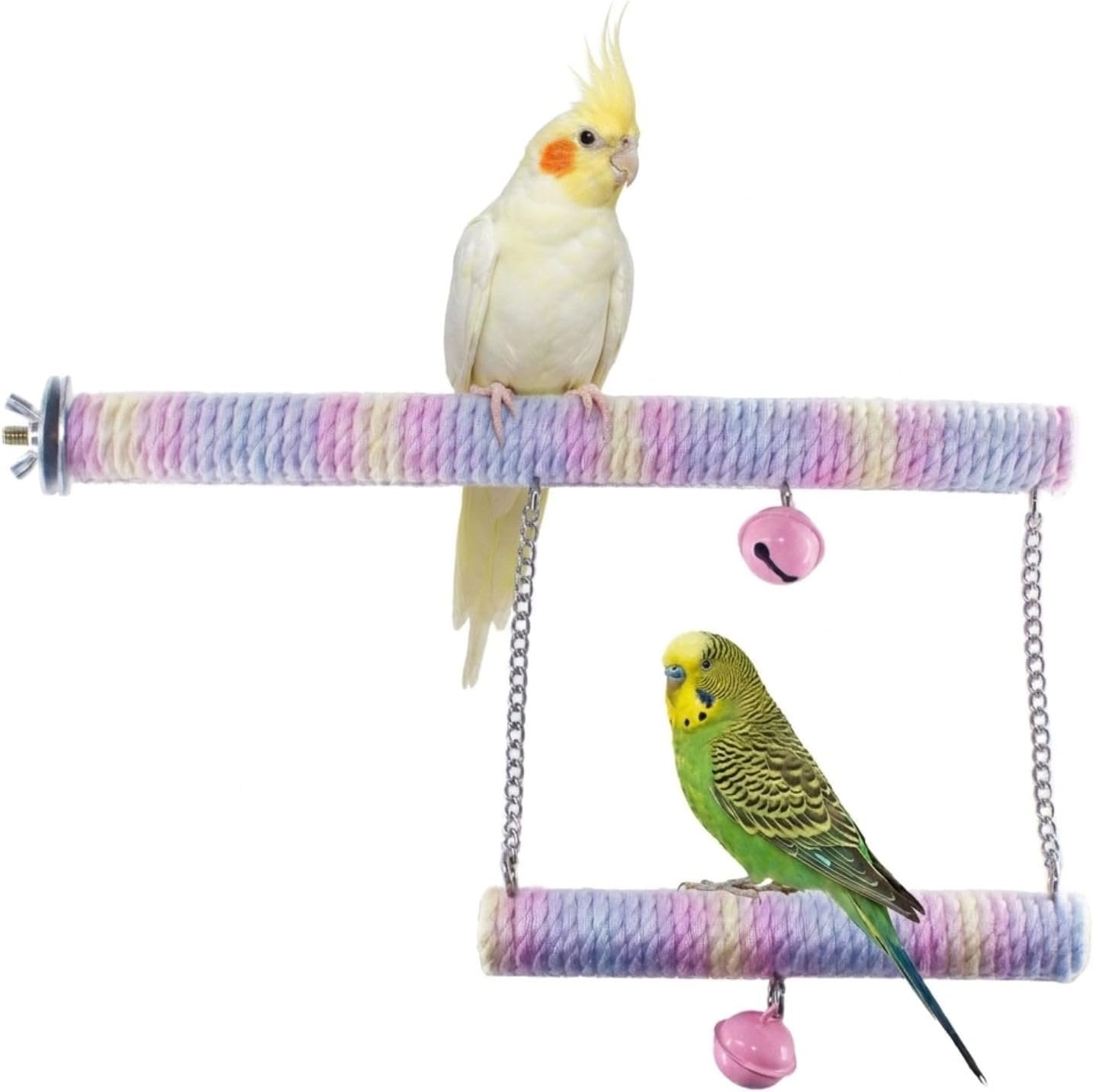 Dual-Layer Bird Swing Perch with Bells Rainbow Cotton Rope Cage Parrot Toy | 10″ For Parakeet Conure Cockatiel Mynah Love Birds Finches