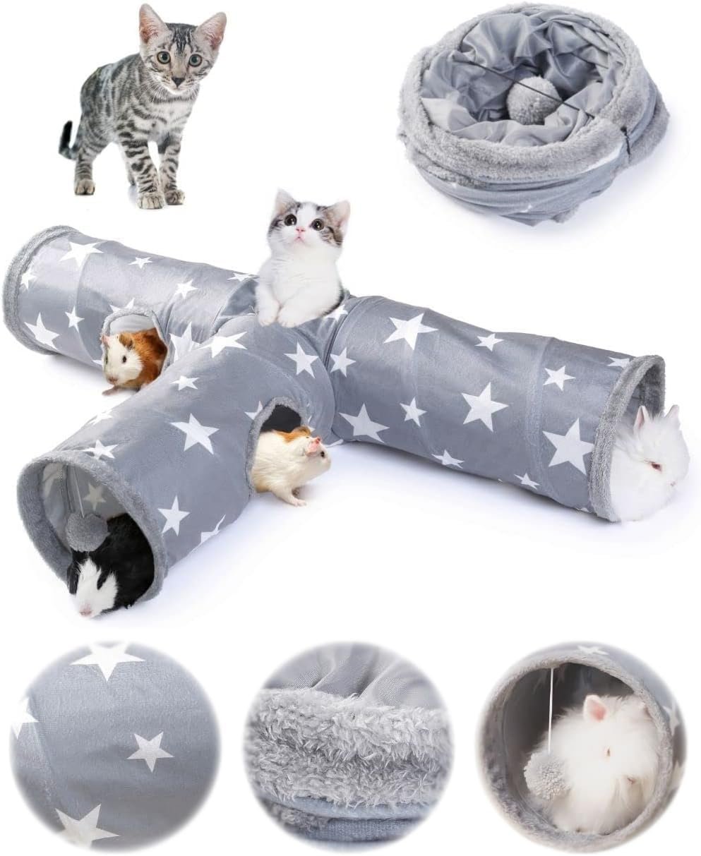 JanYoo Bunny Tunnel Rabbit Hideout Cat Toys for Rabbits Accessories 3 Ways | 47” Collapsible Plush Pet Toys with Interactive Ball for Kittens Rabbits Ferret Guinea Pigs Accessories