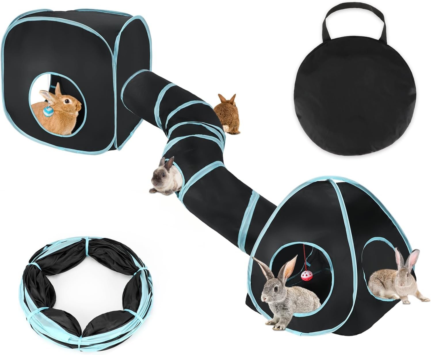 BWOGUE Bunny Tunnels & Tubes, 3-in-1 Collapsible Rabbit Hideout Toy Set | Bunny Toys for Hiding & Play, Rabbit Toys with Peephole & Ball Toy, Tear-Resistant Polyester, Detachable Design, Folds Flat