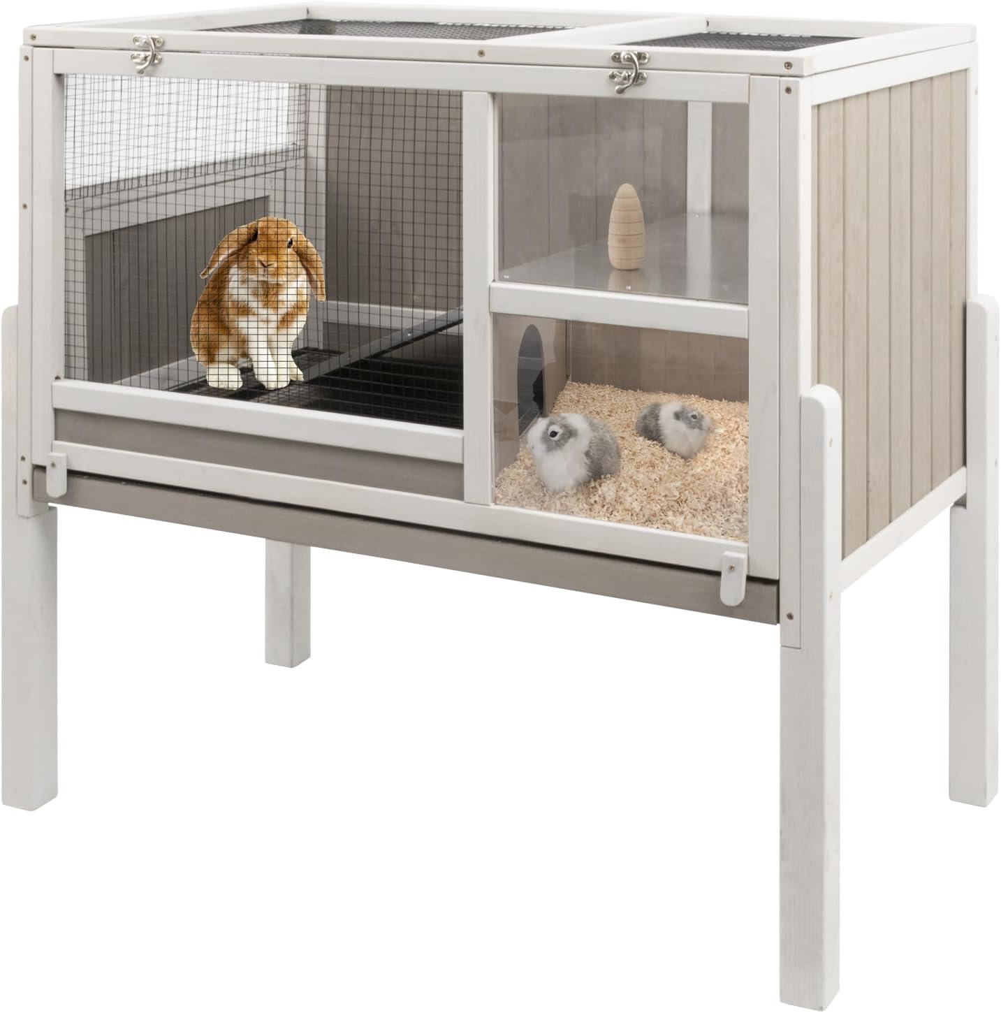 Gowoodhut Elevated Guinea Pig Cage 36.6″ H Wooden Outdoor Rabbit Hutch with Wire Netting Above The Pull Out Tray, Detachable Legs Hamster Cage Pet House for Small Animals, Grey