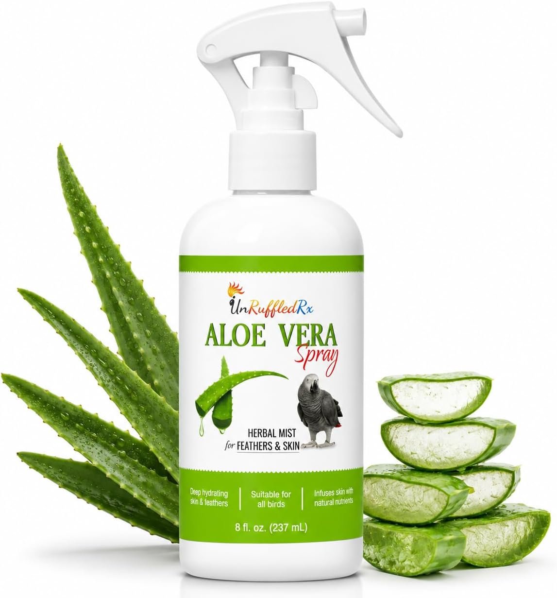 UnRuffledRx Aloe Vera Bird Spray for Parrots | Gentle Daily Support for Itchy Skin, Scratching, Dry Feathers & Feather Comfort | Fragrance Free & Safe if Preened, 8 oz