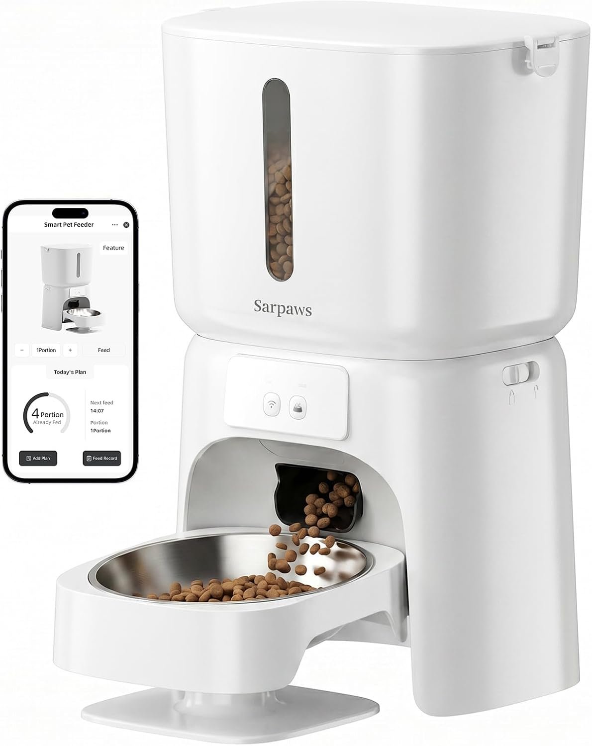 SARPAWS Automatic Cat Feeder, 6L WiFi Smart Pet Food Dispenser with App Control, Elevated 5° Slanted Stainless Steel Bowl, Timed Feeding for Cats and Dogs, Voice Recorder, Dual Power Supply