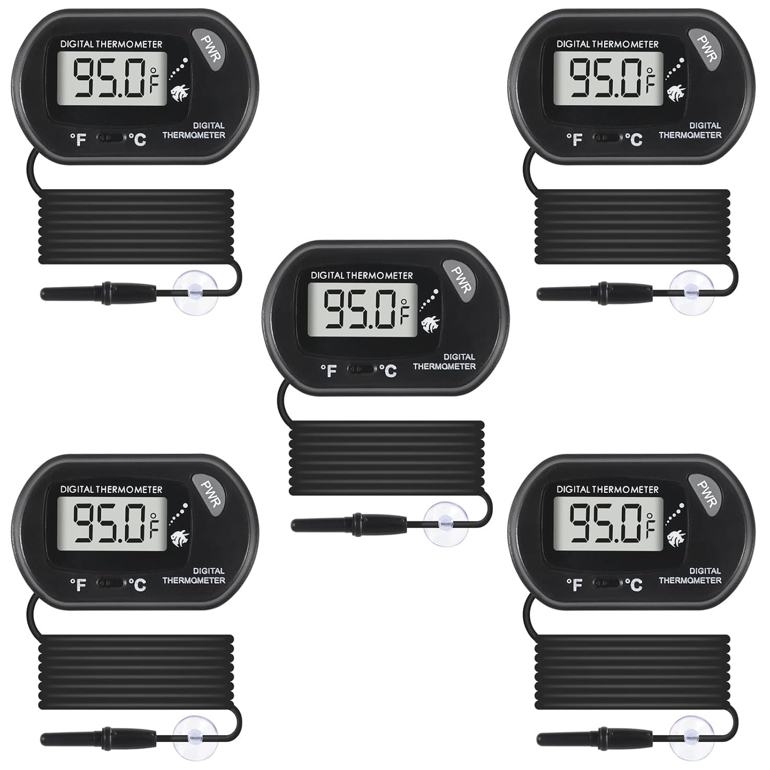 5Pcs Digital Aquarium Thermometer with Water-Resistant Sensor Probe and Suction Cup – Fahrenheit/Celsius (/) LCD Display
