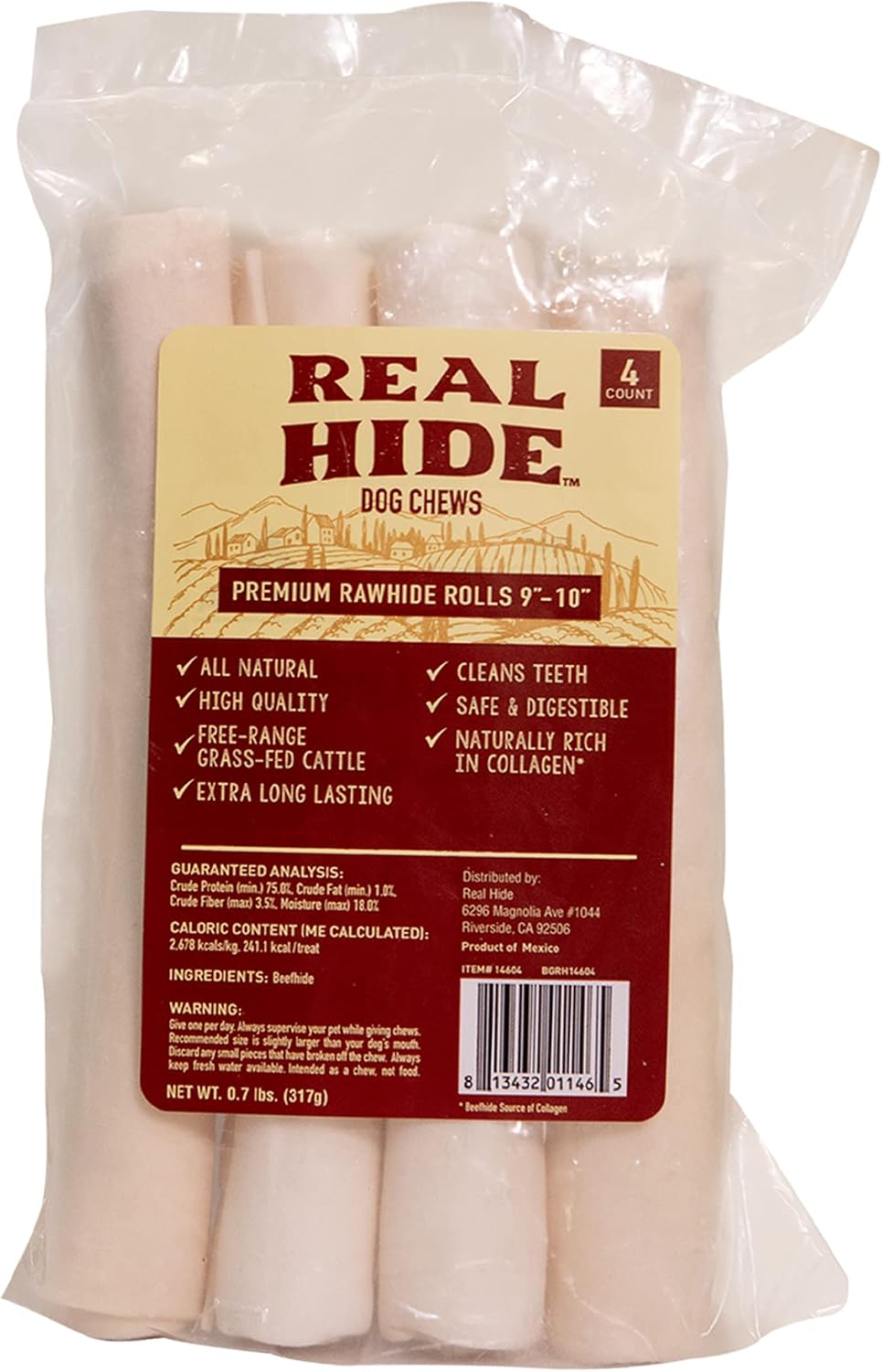 Real Hide Dog Chew Treats Rawhide Rolls, 9-10 Inch, 4 Count | Natural Chew Treats, Premium, Grass Fed Free Range Beef Hide, Long Lasting, Medium to Large Dogs