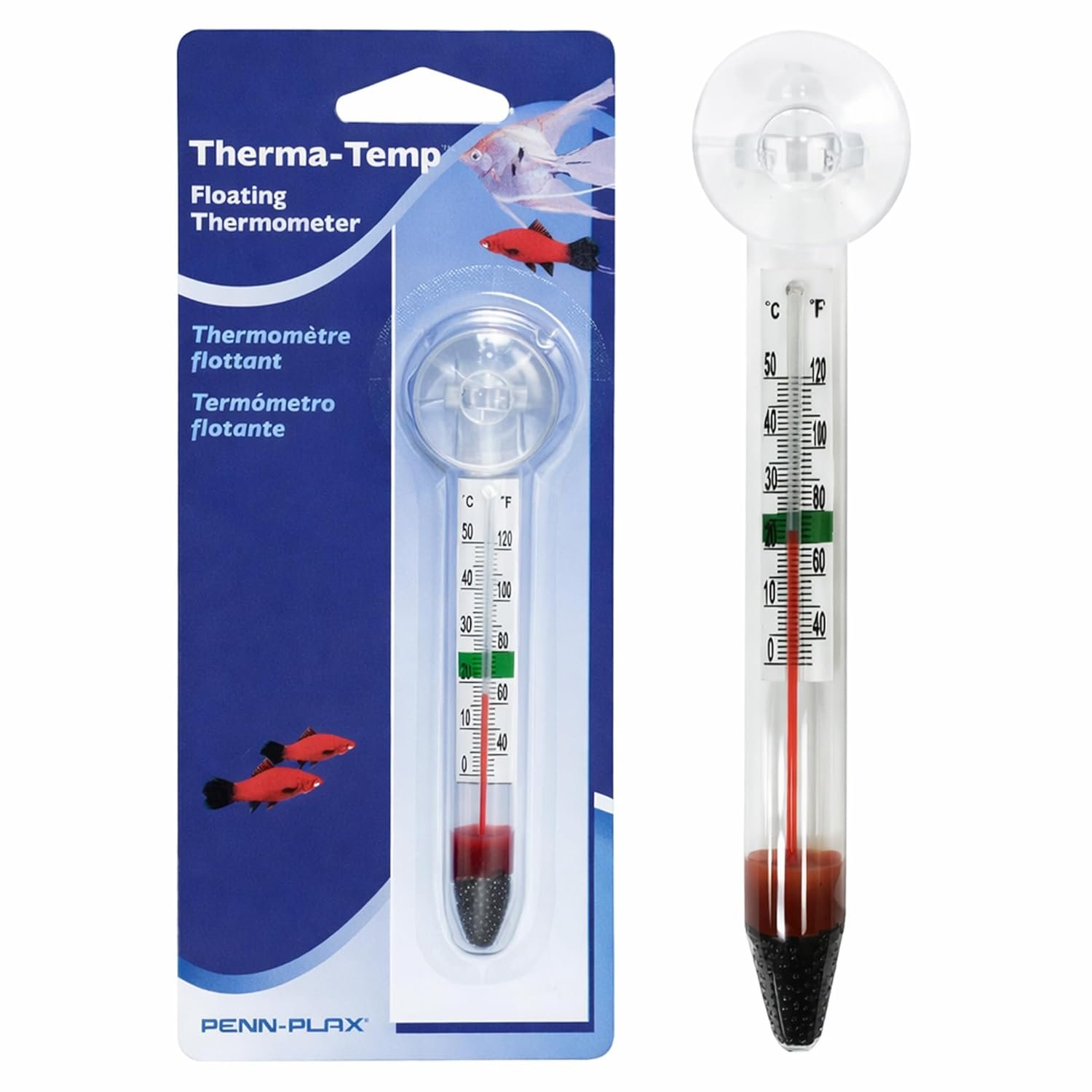 Penn-Plax Therma-Temp Floating Aquarium Thermometer – Easy to Read – Temperature Gauge with Optional Suction Cup & Removable Mount – Safe for Freshwater & Saltwater Tanks – Multicolor, 4.25 Inches