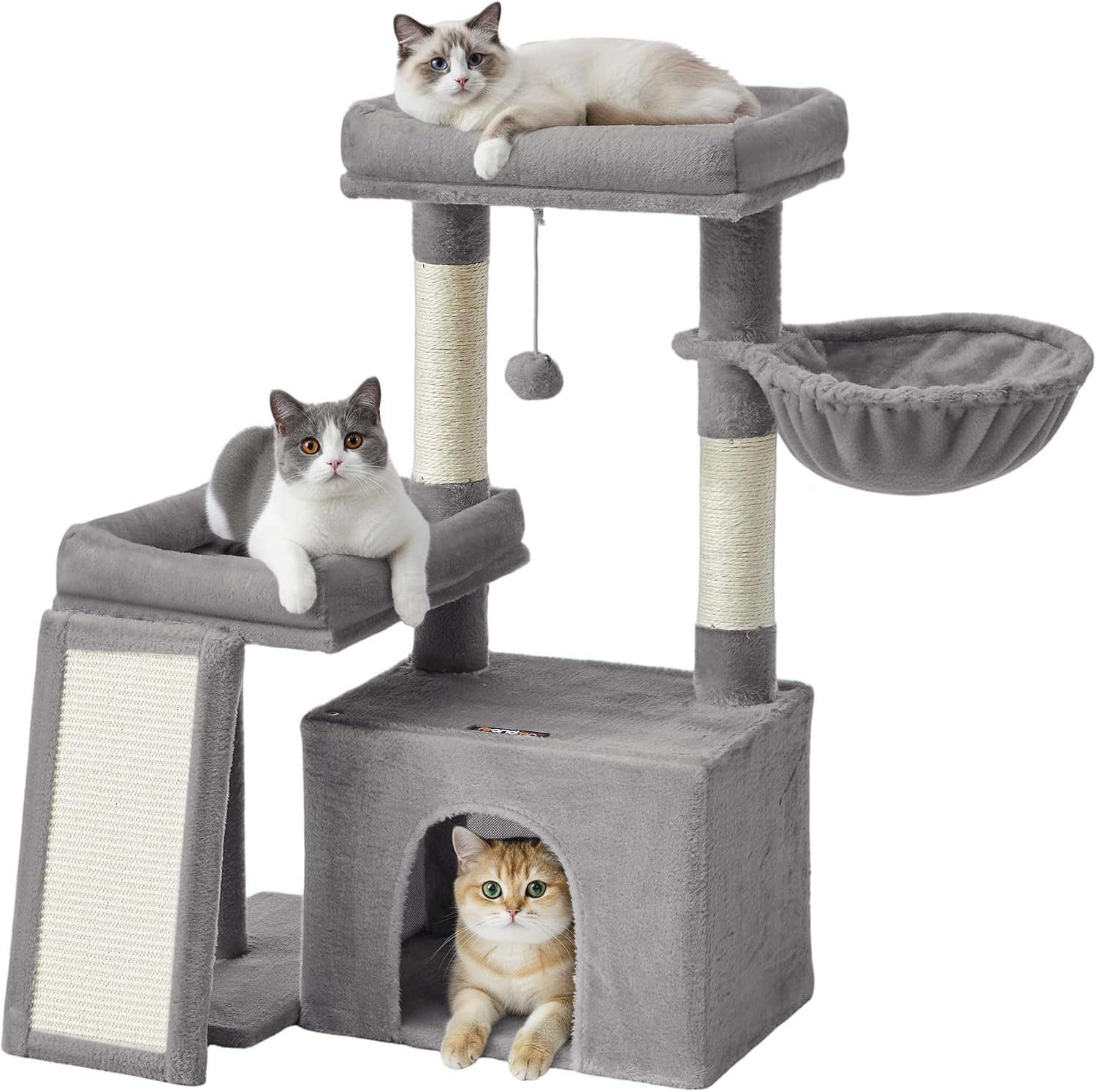Feandrea Cat Tree, Cat Tower Condo Scratching Posts and Ramp, Dove Gray | 2 Large Perches, Cave, Basket, 33.8 Inches Tall, A Little Ball Dove Gray