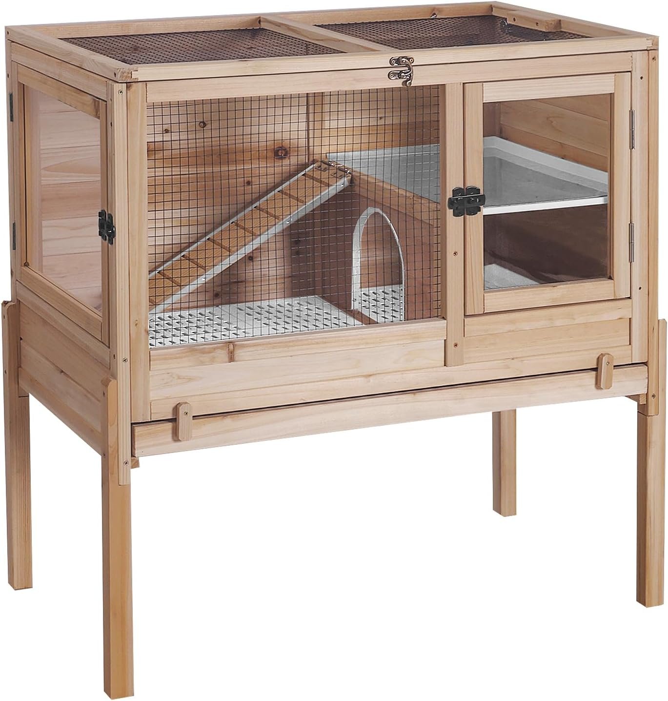 GUTINNEEN Guinea Pig Cages with Anti Chewing Sturdy Plastic Floor and Cool Zinc Plate, Indoor Rabbit Hutch with Hideout and Platform, Elevated Legs Hamster Cage 36.6″ L (Nature)