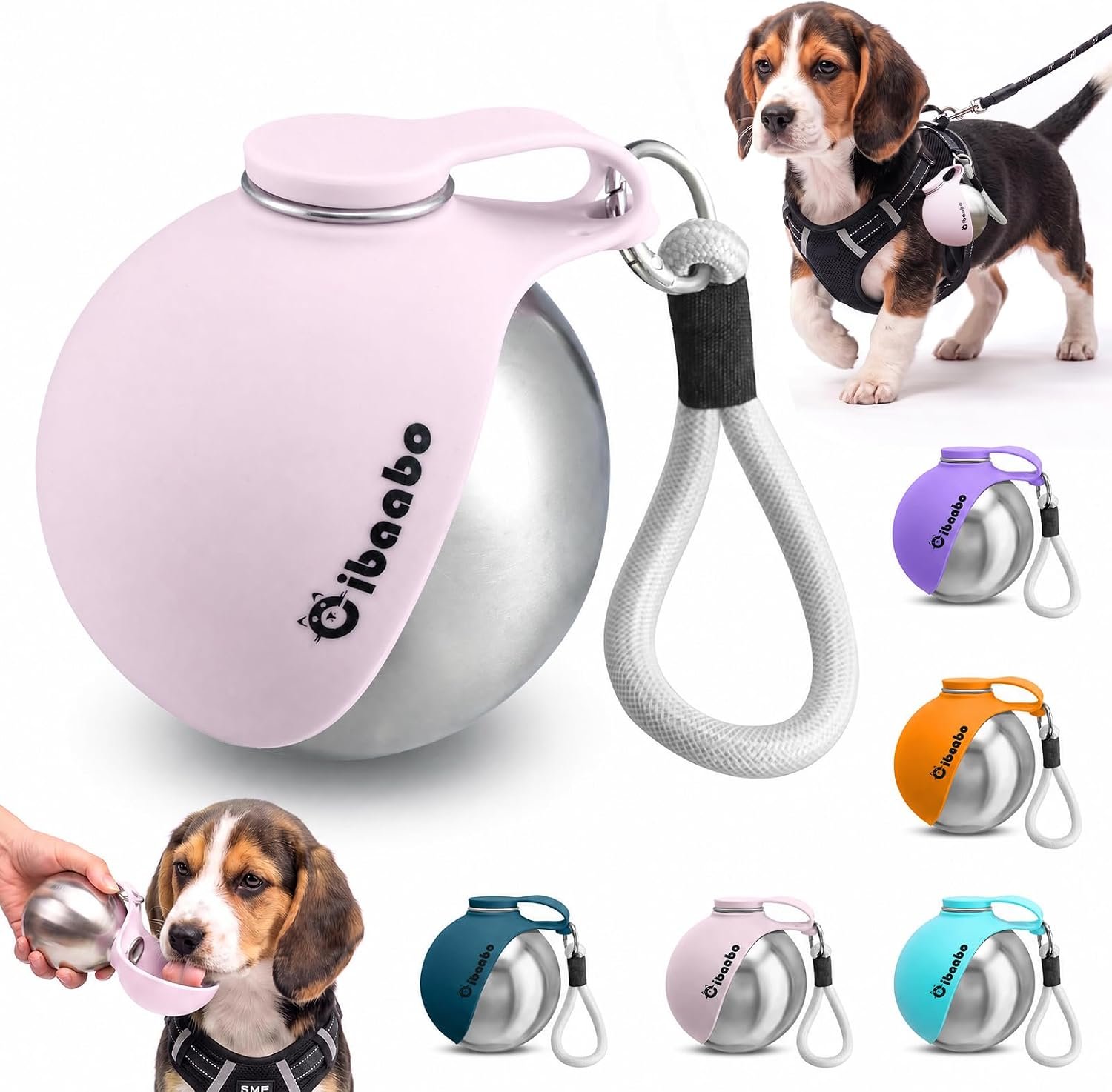 Cibaabo Portable Dog Water Bottle with Collapsible Silicone Bowl 10 oz | Stainless Steel Water Ball | Compact with Clip & Rope | Travel Pet Dispenser | for Small Dog & Puppy | Walking Hiking Beach