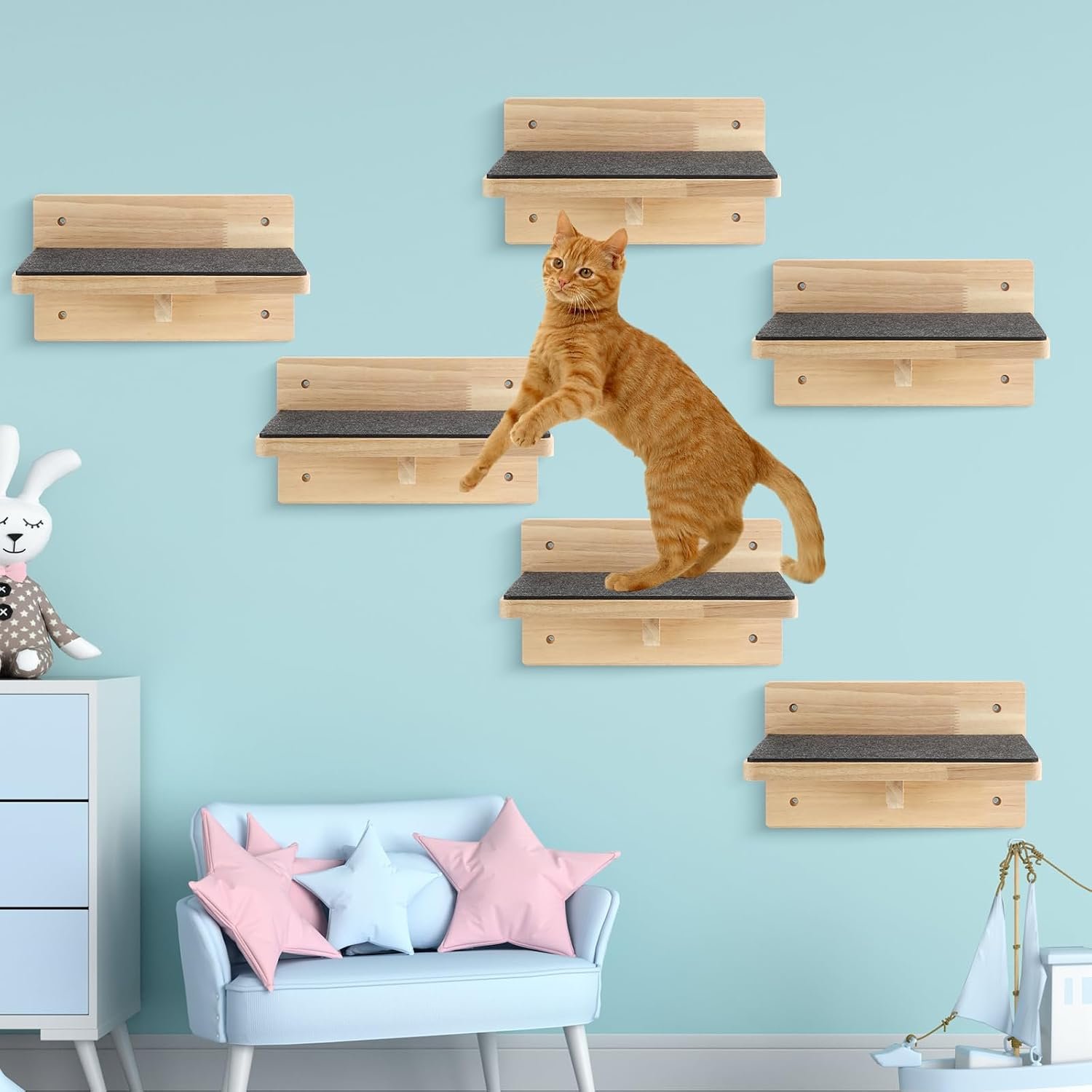 Lenwen 6 Set Cat Wall Shelves, Wood Cat Climbing Step, Wall Mounted,Classic | Solid Wood with Nonslip Felt, Wall Mounted Climbing and Resting Shelves, Saves Floor Space, Ideal for Springboard Playing