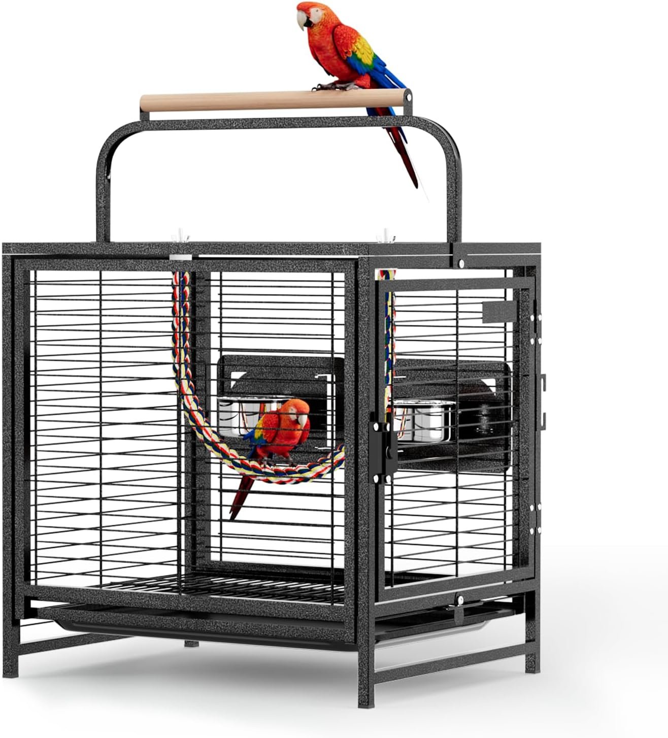 VINGLI Small Bird Cage, 19 inch Travel Carrier Bird Cage with Handle, Wrought Iron Parakeet Cage with Wooden Perch for Parrot Lovebirds Finches Small/Medium Birds (Hammertone Black)
