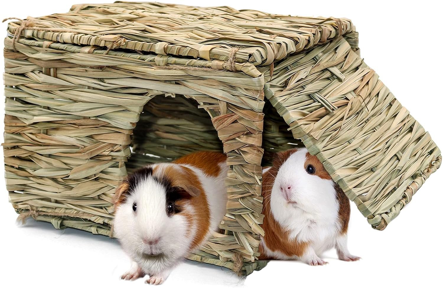 BWOGUE Large Guinea Pig Grass House, Guinea Pig Hideout, Foldable Straw Hut | Hand-Woven Straw for Gnawing, Double Openings for Guinea Pig Tunnel Play, Resting Bed, Bunnies, Chinchillas & Ferrets