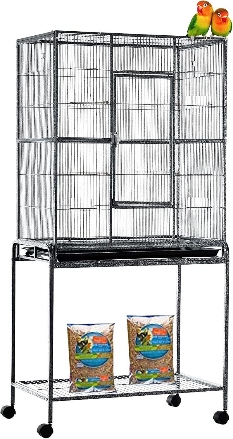 54″ Large Sturdy Wrought Iron Breeding Flight Canary Parakeet Cockatiel Lovebird Finch Cage Side Nesting Box Doors with Removable Rolling Stand Storage Shelf