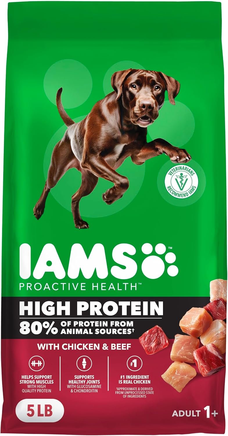 IAMS Proactive Health High Protein Dry Dog Food, Chicken & Beef, 5 lb | 80% animal-source protein, glucosamine & chondroitin for joints, no fillers or artificial flavors, 100% complete & balanced